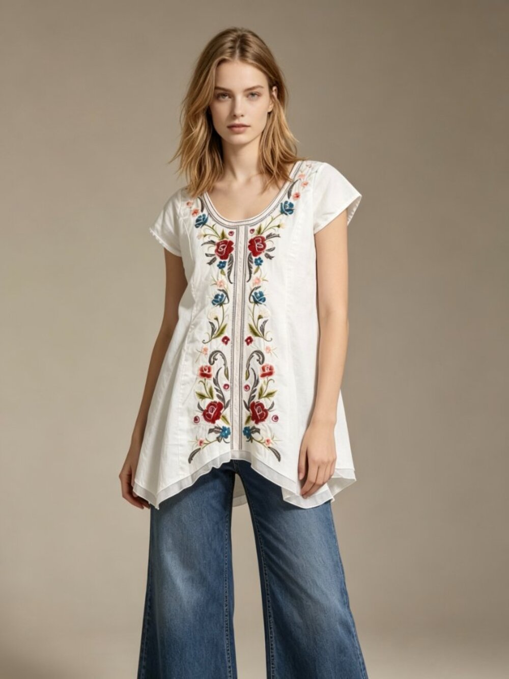 NWOT Johnny Was Embroidered Floral Linen Tunic Boho cream Shirt Blouse Sz S